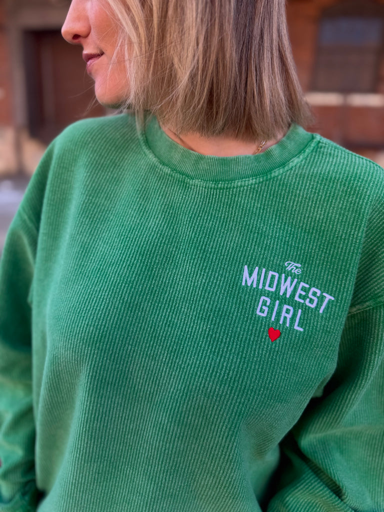 The Midwest Girl Corded Crew in Kelly Green