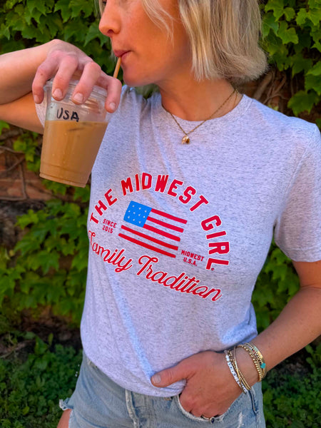 Midwest Girl Flag Tee in White Fleck