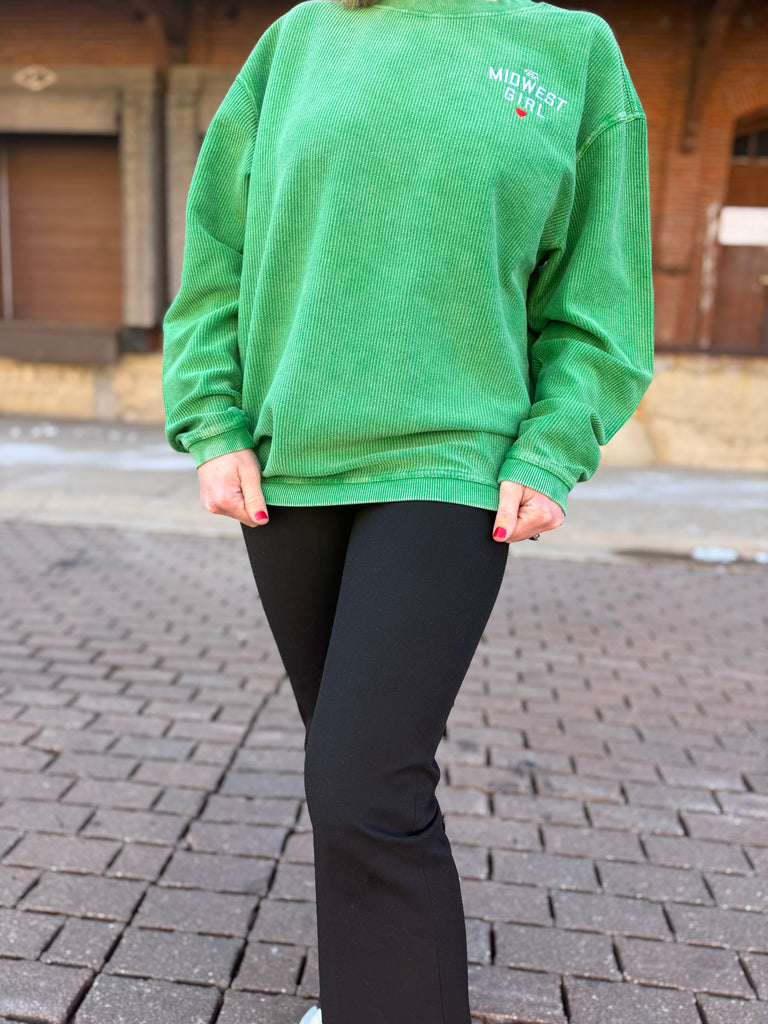 The Midwest Girl Corded Crew in Kelly Green