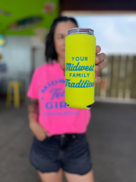 Happy Birthday Midwest Girl Can Cooler in Neon Yellow (Tall)