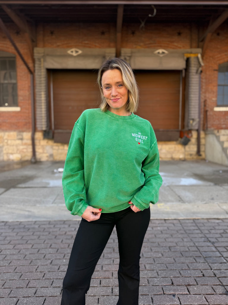 The Midwest Girl Corded Crew in Kelly Green