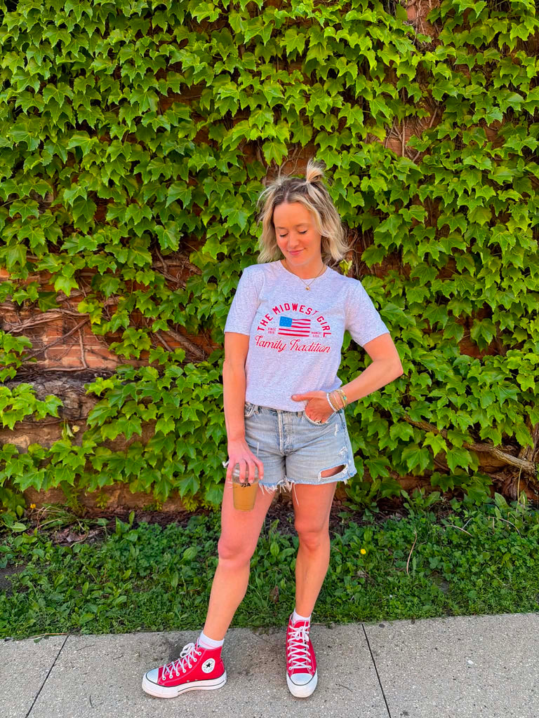 Midwest Girl Flag Tee in White Fleck